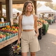 thumbnail image 6 of Linen Shorts for Women Dress Shorts High Waisted Wide Leg Summer Casual 2026 Beach Vacation Bermuda Khaki Shorts Cropped Pants with Pockets Beige L, 6 of 7