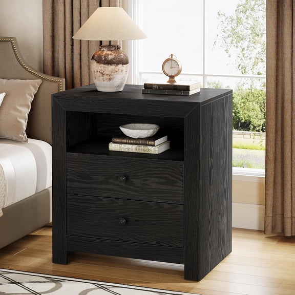 Finmind Farmhouse Nightstand with 2 Drawers, Mid-Century Retro End Table for Bedroom or Living Room, Black