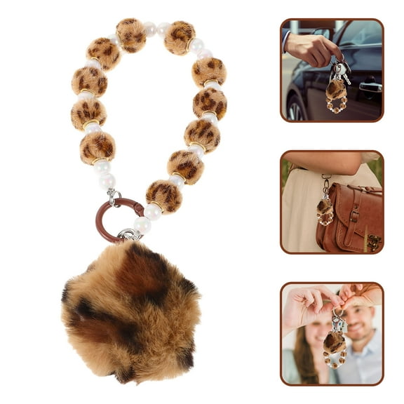 HINTRMENT 1Pack Pom Pom Keychain Leopard Print Ball Plush Metal for Backpacks and Car Keys