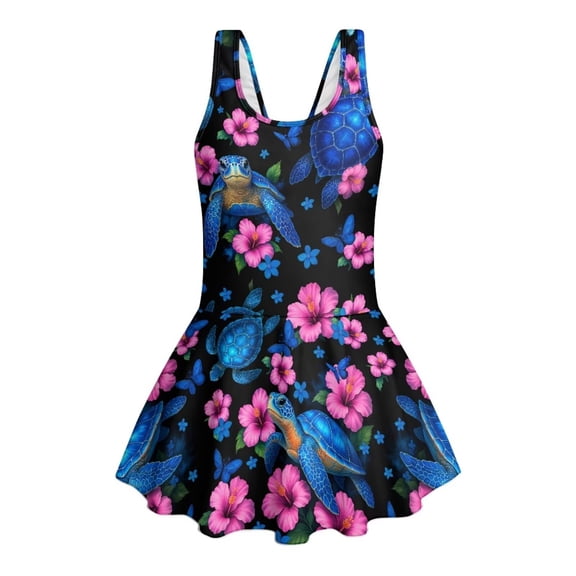 Xoenoiee Turtle Butterfly Hibiscus Flower Print Girls One Piece Swimsuits Sleeveless Swim Dress for Girls Hawaiian Skirted Bathing Suit Summer Swimwear, 3-4 Years