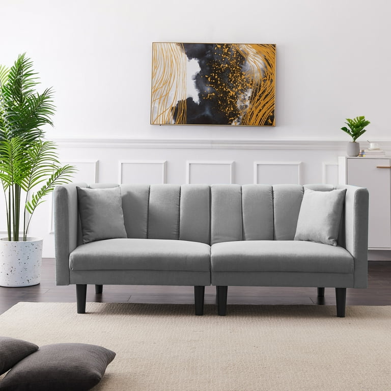 Modern plush tufted linen fabric on sale splitback living room sleeper futon