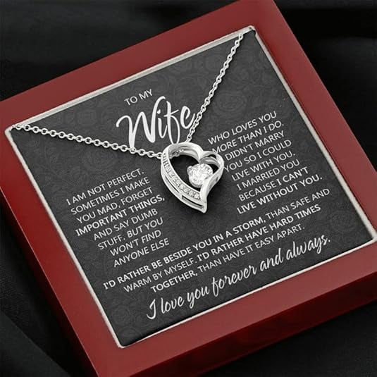 Sentimental Birthday Valentine's Day Gift for Wife, Christmas Gift for Her, Forever Love Necklace To My Wife with Message Card and LED Box, Heart Necklace for Women