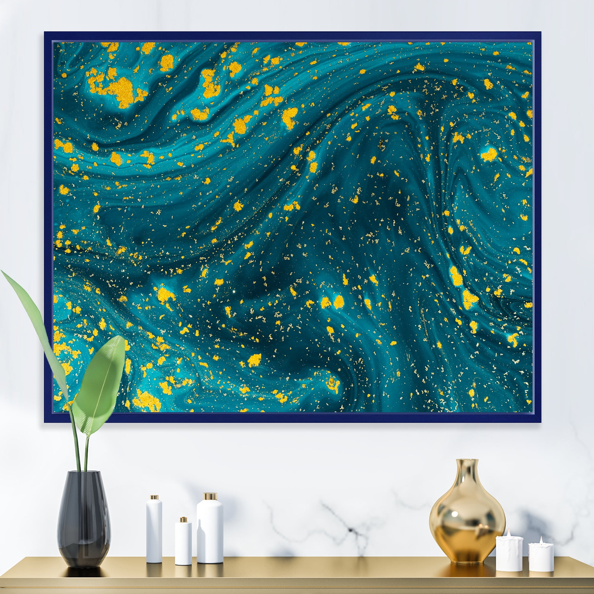 Designart 'Golden Glitter With Dark Blue Marble' Modern Framed Canvas Wall Art Print
