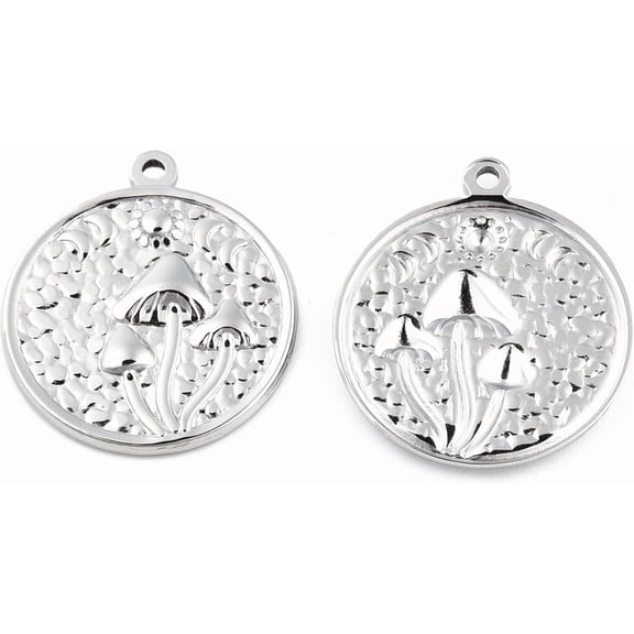2Pcs Flat Round with Mushroom Charm 201 Stainless Steel Pendants Stainless Steel Color for Women DIY Necklace Bracelet Earring Jewelry Craft Making 29x25x3mm Hole: 1.8mm Silver