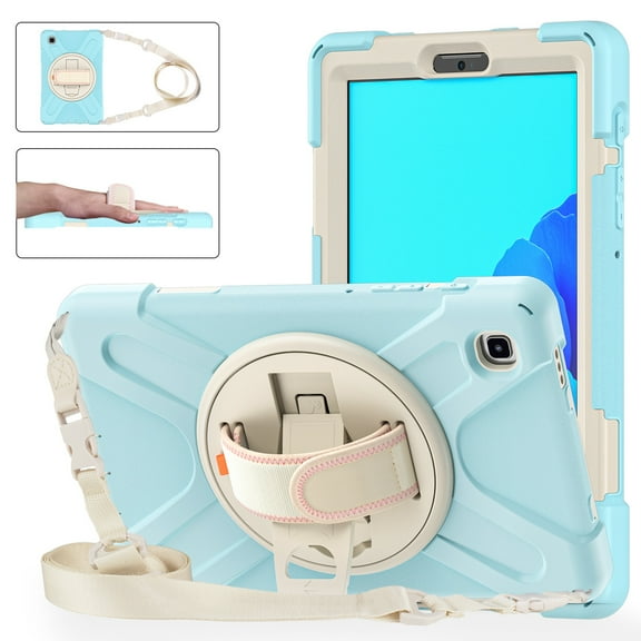 Samsung Galaxy Tab A7 Lite 8.7 inch Case 2021 SM-T220/T225/T227 for Kids with Carrying Shoulder Strap Hand Strap, Dteck Heavy Rugged Shockproof Impact Resistant Cover with Rotating Stand, Light Blue