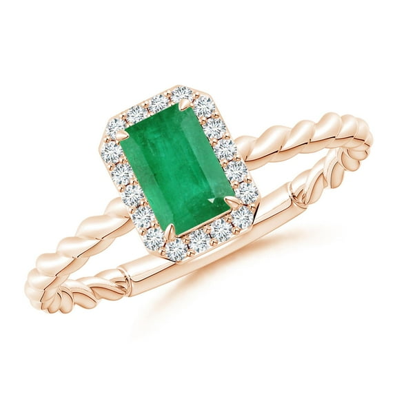 ANGARA Natural Emerald-Cut Emerald Halo Twisted Shank Engagement Ring in 14K Rose Gold for Women (Size-6x4mm) | May Birthstone, Birthday, Anniversary, Jewelry Gift for Women | Natural Emerald Ring