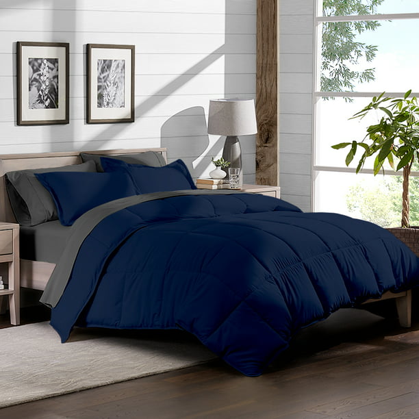 grey and blue reversible comforter