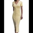 thumbnail image 3 of Vestido Midi Informal de Punto Acanalado, Cuello en V y Corta para Mujer, Otoño 2025, Ajustado, para Invierno Amarillo XL, 3 of 10