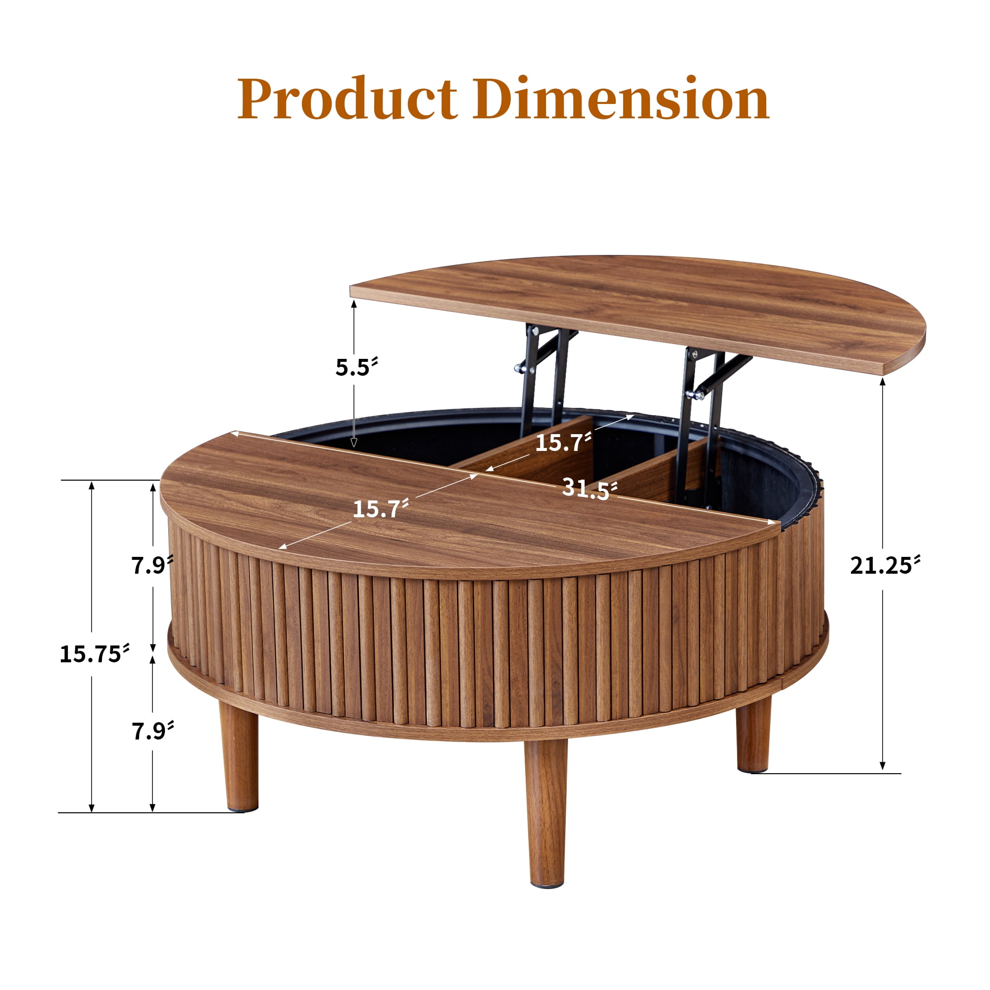 MIYZEAL 31.5" Round Lift Top Coffee Table with Storage, Fluted Mid Century Modern Wooden Center Table with Hidden Compartment, Coffee Table for Living Room, Apartment, Office（Walnut）
