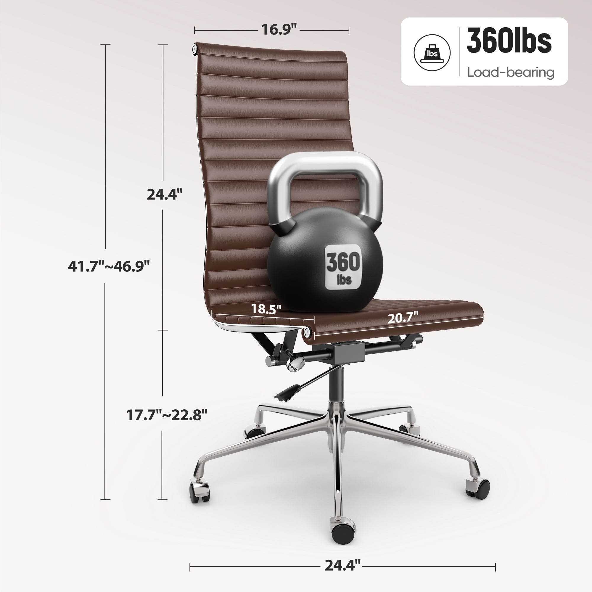 Cottinch Ribbed Office Chair High Back Armless Genuine Leather Ergonomic Desk Chair, Adjustable Height Executive Conference Task Chair Swivel Chair for Home Office, Brown