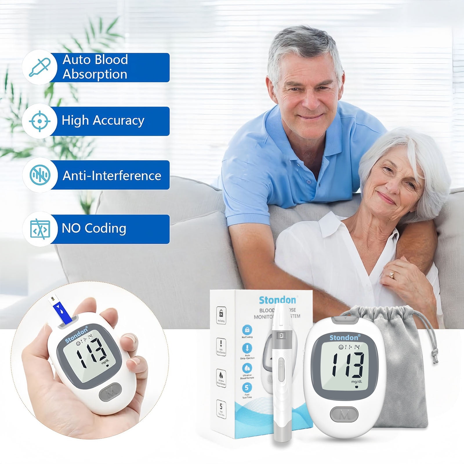 Stondon Blood Glucose Monitor Kit, Blood Sugar Testing Kit, 50 Glucometer Strips, 50 Lancets, Test Strips Blood Sugar Meter Glucometer，for people with diabetes