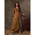 thumbnail image 6 of Mocha Brown Satin Jacquard V-Neck Wrap Maxi Dress With Puffed Sleeves, 6 of 7
