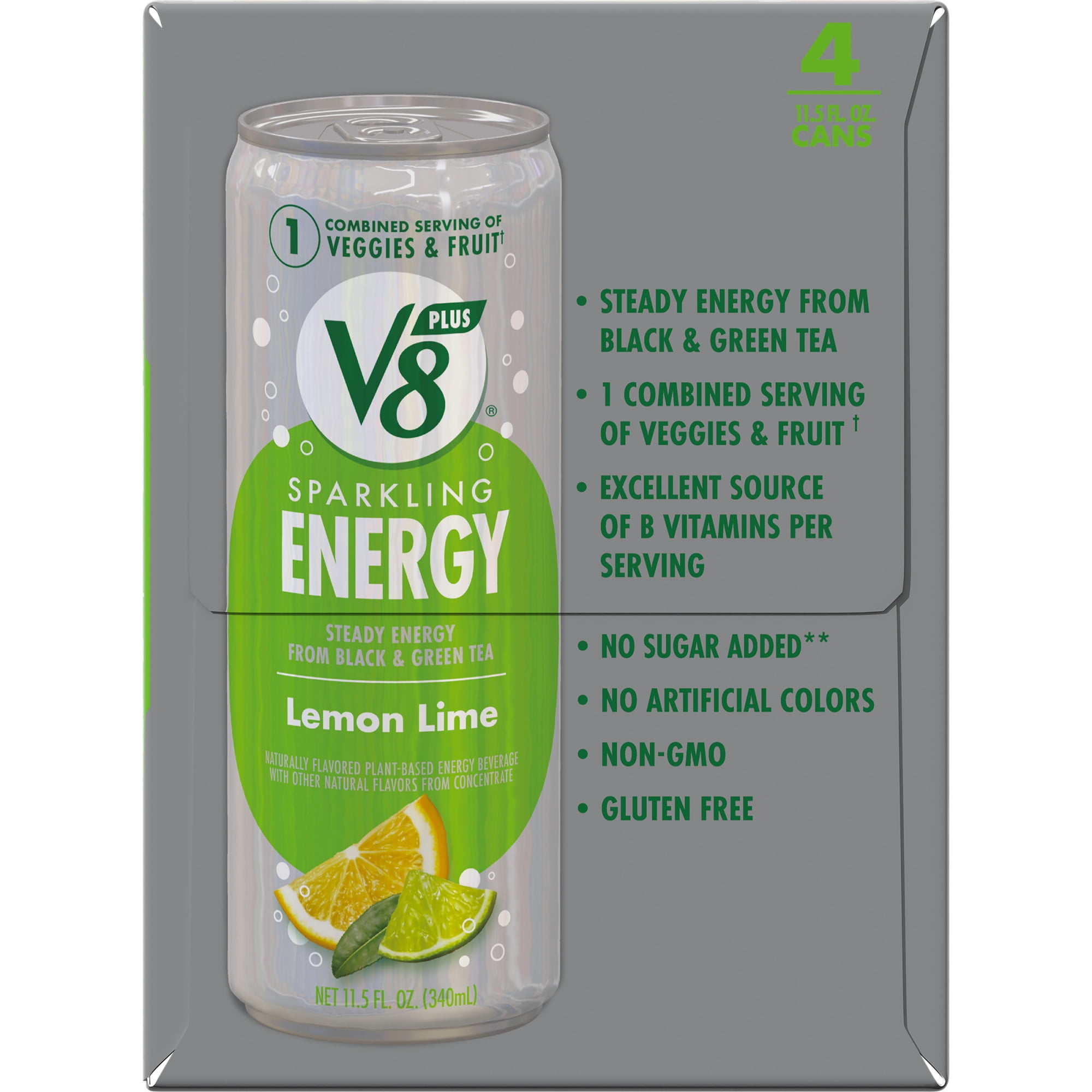 V8 +Energy Sparkling Lemon Lime Juice Energy Drink, 11.5 fl oz Can, 4 Count