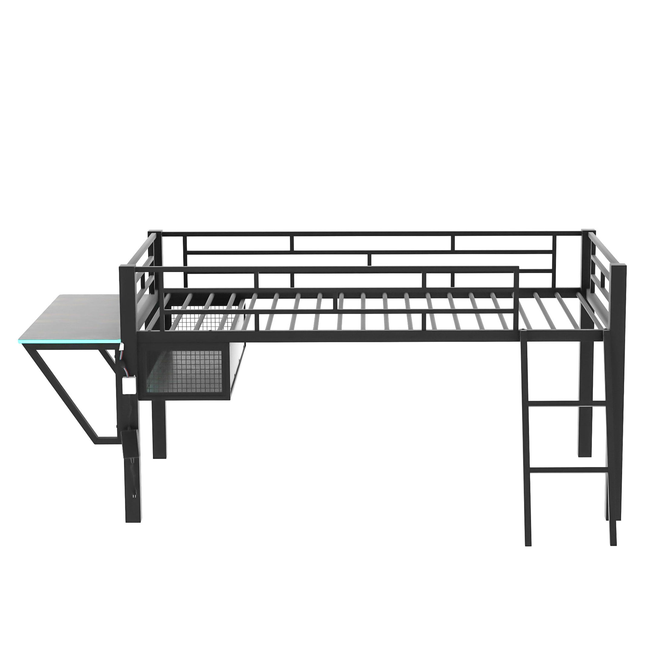 Noble House Twin Gaming Mid Loft Bed, Metal Frame with Desk and Customizable LED Lights, eSport-Inspired, Black