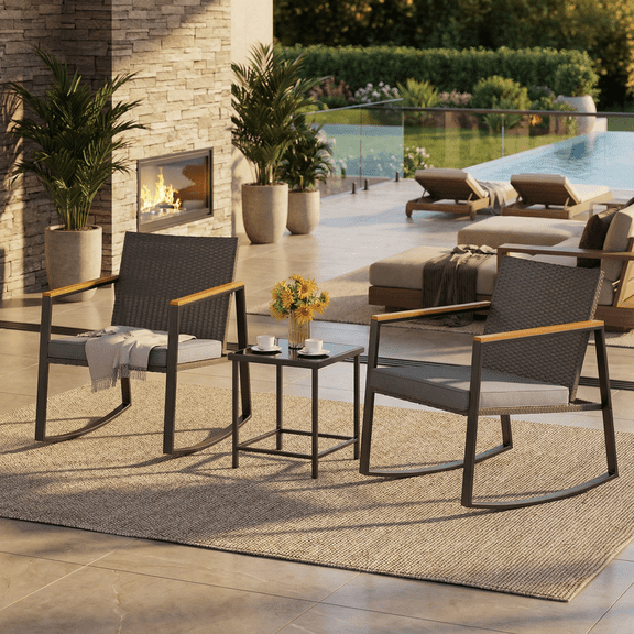 Aiho 3 Pieces Rocking Patio Furniture Set, Wicker Outdoor Chair Set with Coffee Table for Garden, Gray