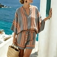 thumbnail image 5 of DHFJKG Linen Sets For Women 2 Piece V Neck Half Sleeve Striped Tees And Shorts Set Summer Outfits Beach Vacation Clothes, 5 of 6