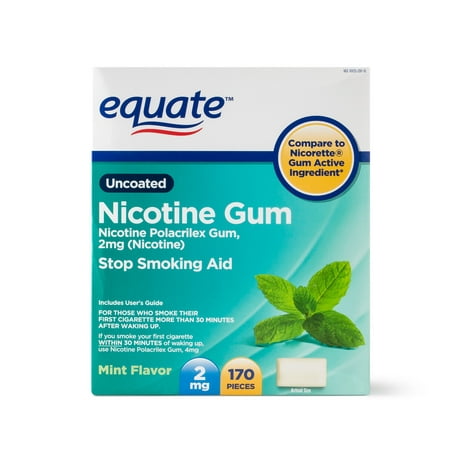 Equate Uncoated Nicotine Gum Stop Smoking Aid Mint Flavor, 2 mg, 170 Ct ...