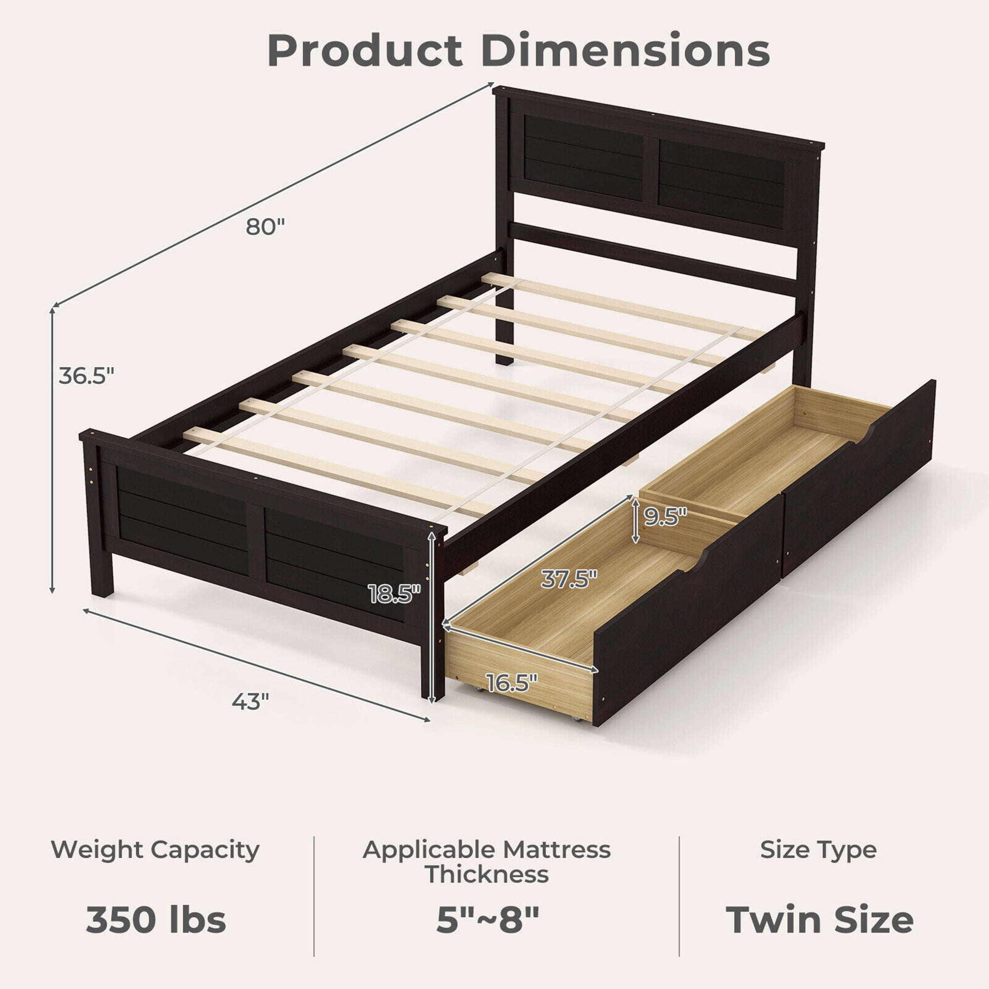 Gymax Twin Size Wooden Bed Frame with 2 Storage Drawers & Under