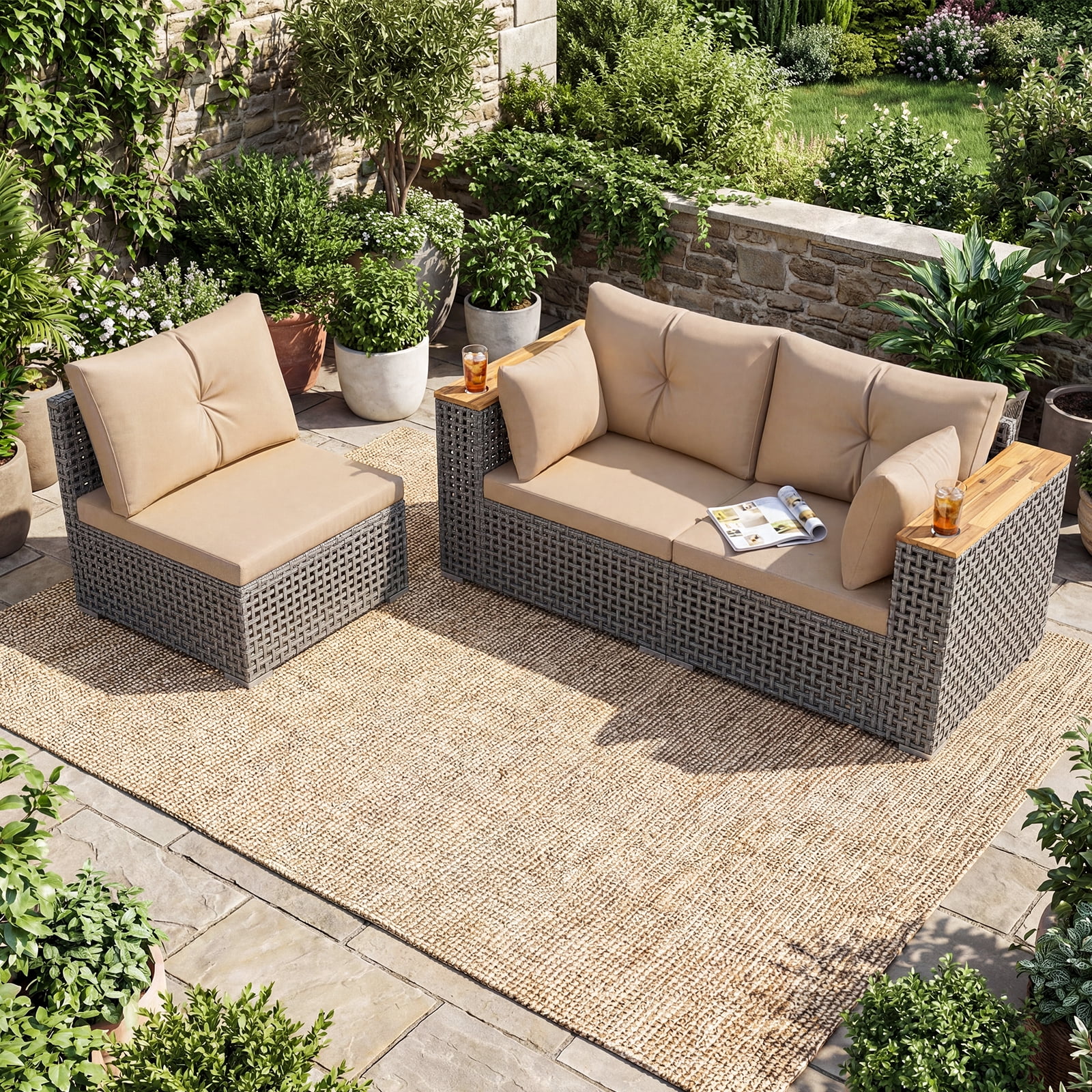 Costway Patio Wicker Sectional Furniture Set, 3 Piece Outdoor Couch Set for Garden Beige