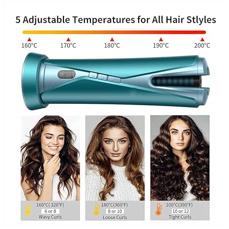 RKXQT Cordless Hair Curler Automatic Curling Iron with LCD Display 5 Temperature & Timer Fast Heating Rechargeable Automatic Hair Curler for Travel (Green)