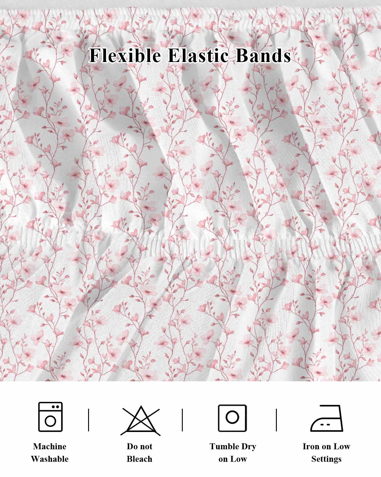 Pink Spring Floral Wrap Around Bed Skirts for King Bed 18" Drop,Bed Skirt with Adjustable Elastic Belt Dust Ruffle Bed Valance for Bedroom Hotel Elegant Watercolor Summer Botanical Bed Frame Cover