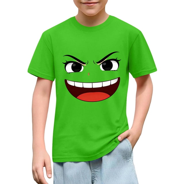 Blusas y camisas de manga corta con cuello redondo para niños y niñas, color liso, con estampado de expresión linda, manga corta, holgadas y cómodas, blusa para niña