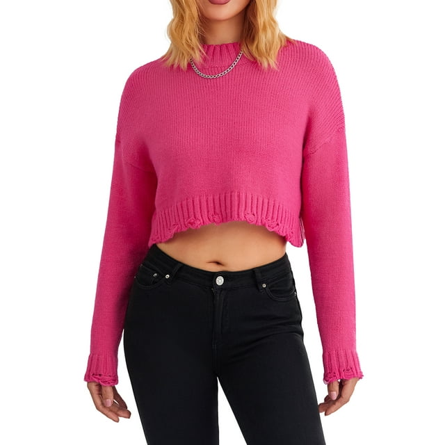 ZAXARRA Chandail Court d'Automne pour Femme, Tricot Uni à Manches Longues, Col Rond, Ourlet Déchiré, Tricot Court