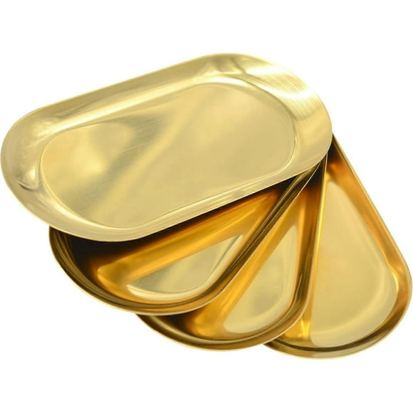 4 Pcs 7 Inch x 3.3 Inch Trinket Tray, Gold Stainless Steel, for Serving Trays Towel Storage Dish Plate Tea Fruit Trays Jewelry Plate Decorative Storag