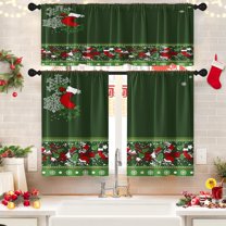 Christmas Kitchen Window Curtains and Valances Set 36 Inch Green Santa Snowflake Short Tier Curtains, Winter Xmas Small Kitchen Decor