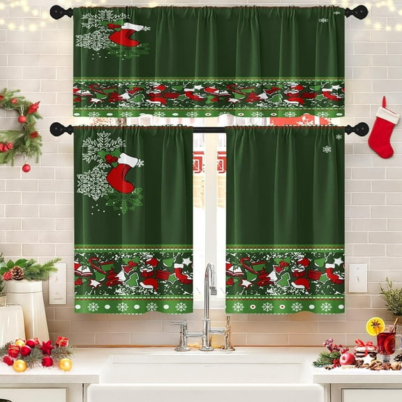 Christmas Kitchen Window Curtains and Valances Set 36 Inch Green Santa Snowflake Short Tier Curtains, Winter Xmas Small Kitchen Decor
