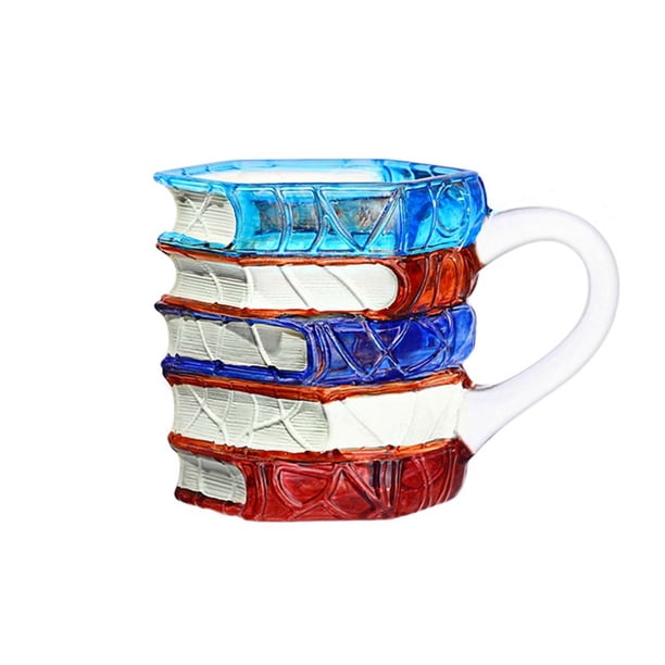 Taza única de pila de libros, taza de café de cristal 3D, divertido regalo novedoso for amantes de los libros y lectores, 6.5 oz