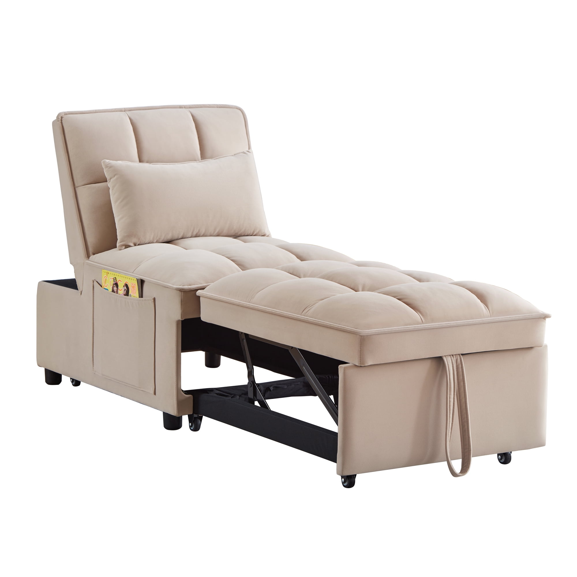 Miniyam 4 in 1 Tufted Single Pull-out Sofa Bed with Adjustable Backrest and Pillows, Taupe