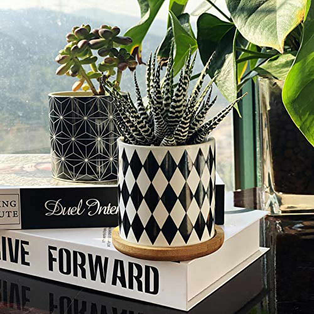 Succulent Plants Pots，3.2 Inch Planter Pots Geometry Pots for Plants Flower Pots Indoor&Outdoor Ceramic Plants Pots for Cactus with Drain Hole and Bamboo Tray ，Perfect Gift Idea Set of 4 - image 2 of 7