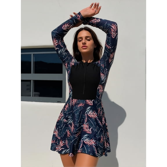 Tankini Swimsuit for Women Black Printed Two Piece Swimsuits Zipper Front Swim Top with Shorts; Slimming Bathing Suits for Vacation; Modest Swimwear with Belly Control