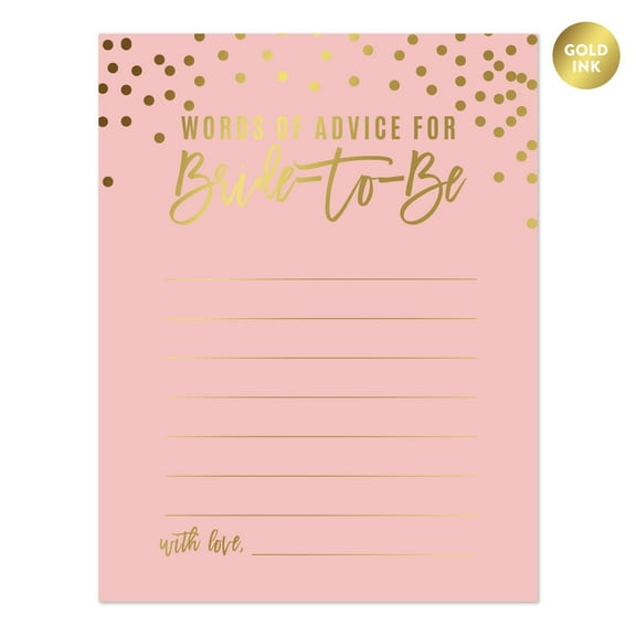 Blush Pink and Metallic Gold Confetti Polka Dots, Blank Words of Wisdom for the Bride-to-Be Bridal Shower Cards, 20-Pack