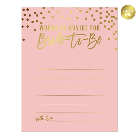 Blush Pink and Metallic Gold Confetti Polka Dots, Blank Words of Wisdom for the Bride-to-Be Bridal Shower Cards, 20-Pack