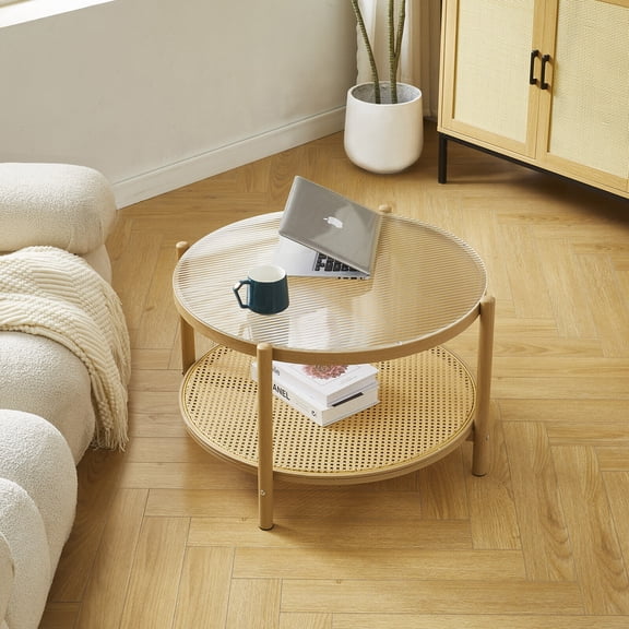 Modern 27.5" Round Rattan Coffee Table Glass Metal 2-Tier Side Table Bedroom Living Room
