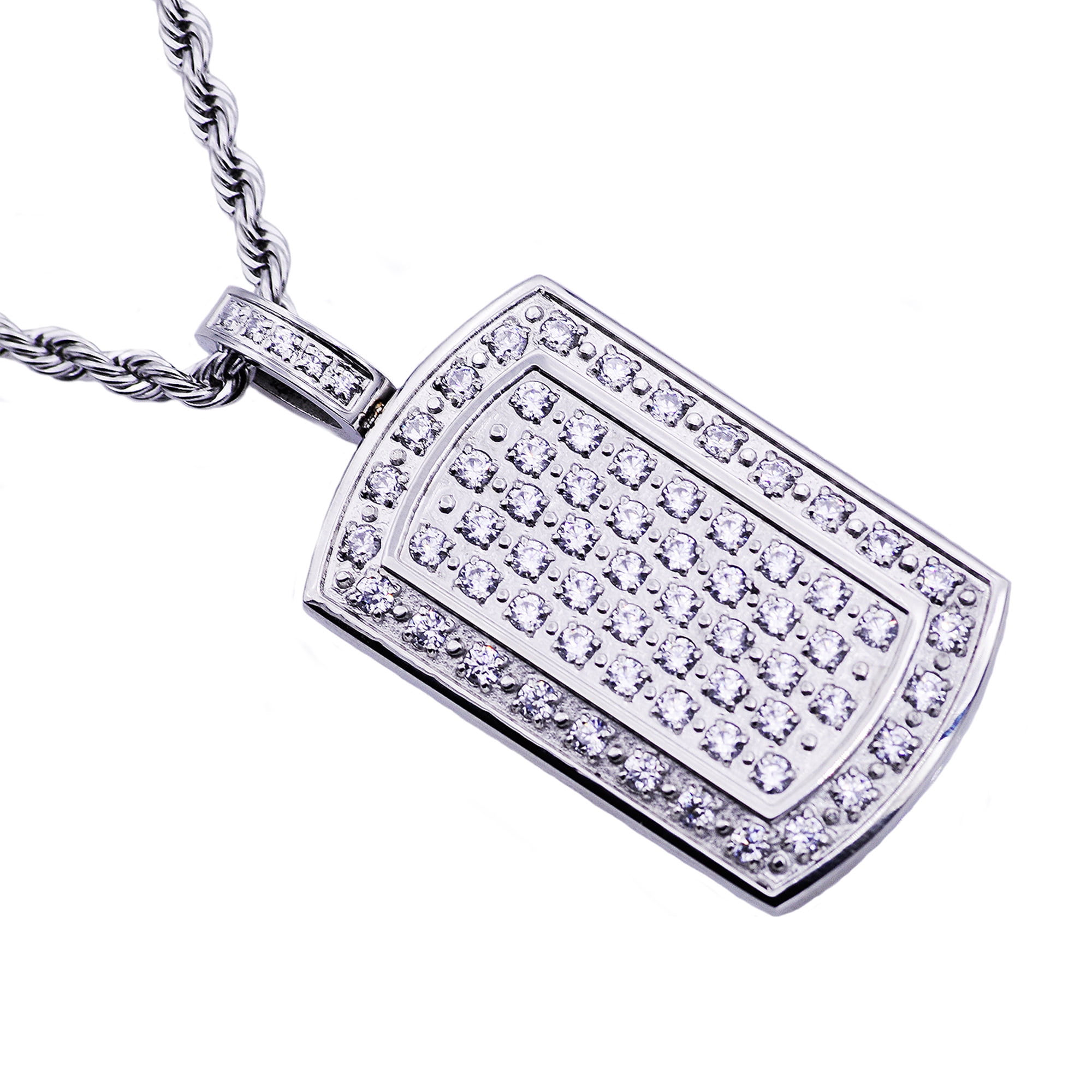 Arista Cubic Zirconia Diamonds Dog Tag Men's Pendant in Stainless Steel, 24"