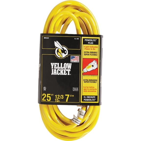 2-Pack - Yellow Jacket 12/3 Heavy-Duty 15-Amp SJTW Contractor Extension Cord with Lighted Ends, 25-Feet