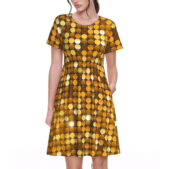 Balery Bright Shiny Golden Vestidos sueltos de manga corta para mujer, vestidos de verano 2025, vestidos casuales de corte A con vuelo.