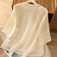 thumbnail image 4 of Busydd Womens Tops Plus Size M-4XL Trendy Solid Color Embroidered Summer Tops for Women Casual Round Neck Going Out Tops for Women 3/4 Length Sleeve Peasant Spring Blouses, 4 of 9