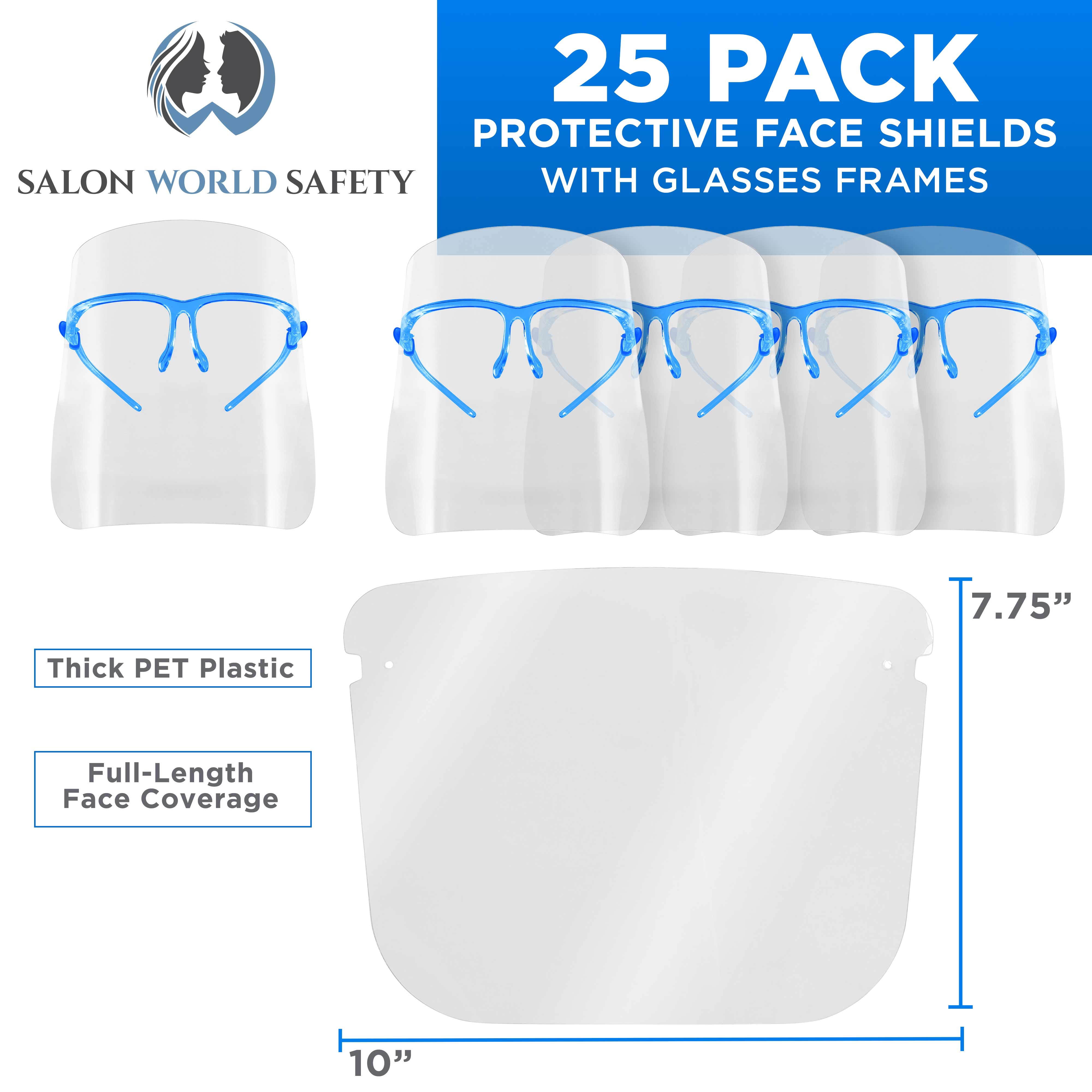 TCP Global Salon World Safety Face Shields with Blue Glasses Frames (Pack of 25) - Ultra Clear Protective Full Face Shields to Protect Eyes, Nose, Mouth - Anti-Fog PET Plastic, Goggles