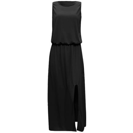 

Otvok Womens Sexy Summer Casual Sleeveless Round Neck Solid Fork Opening Dress
