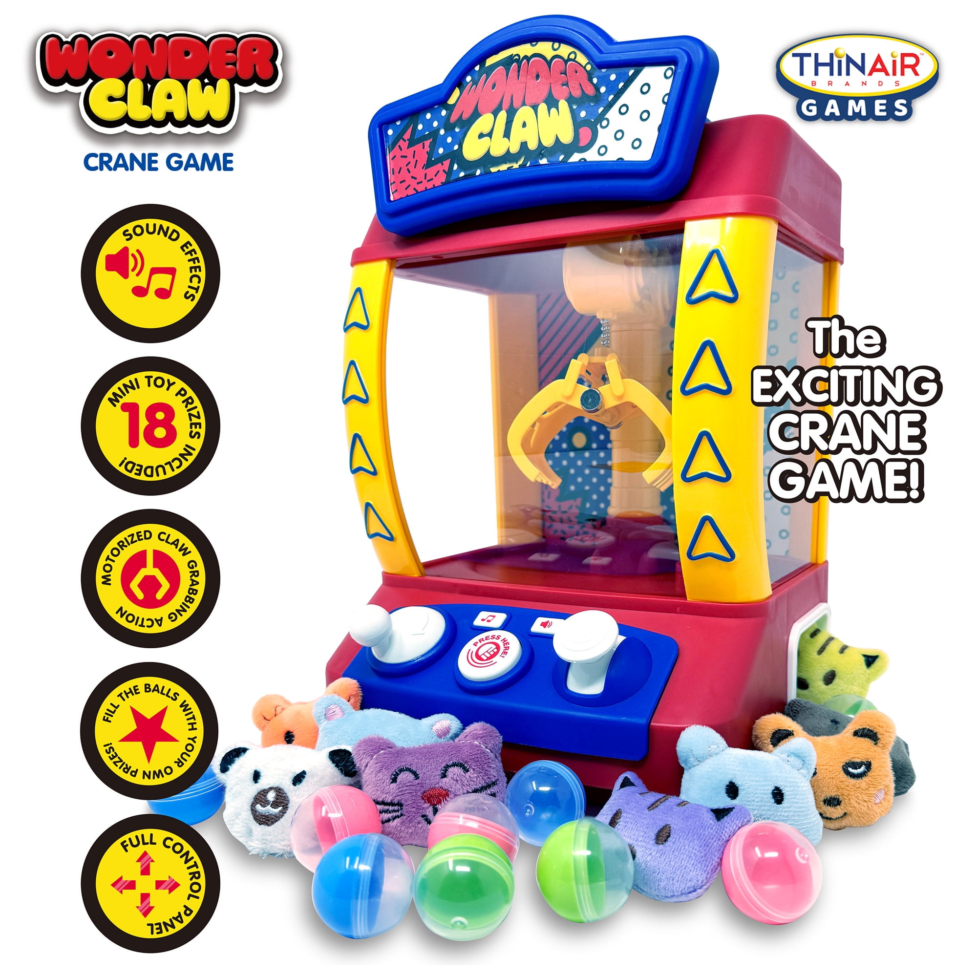 Thin Air Games: Wonder Claw Crane Machine Game - Sounds Arcade Style Game, Motorized Claw Toy Grabber, 9 Balls, Stuffed Animal Prizes, Family-Kids 3+