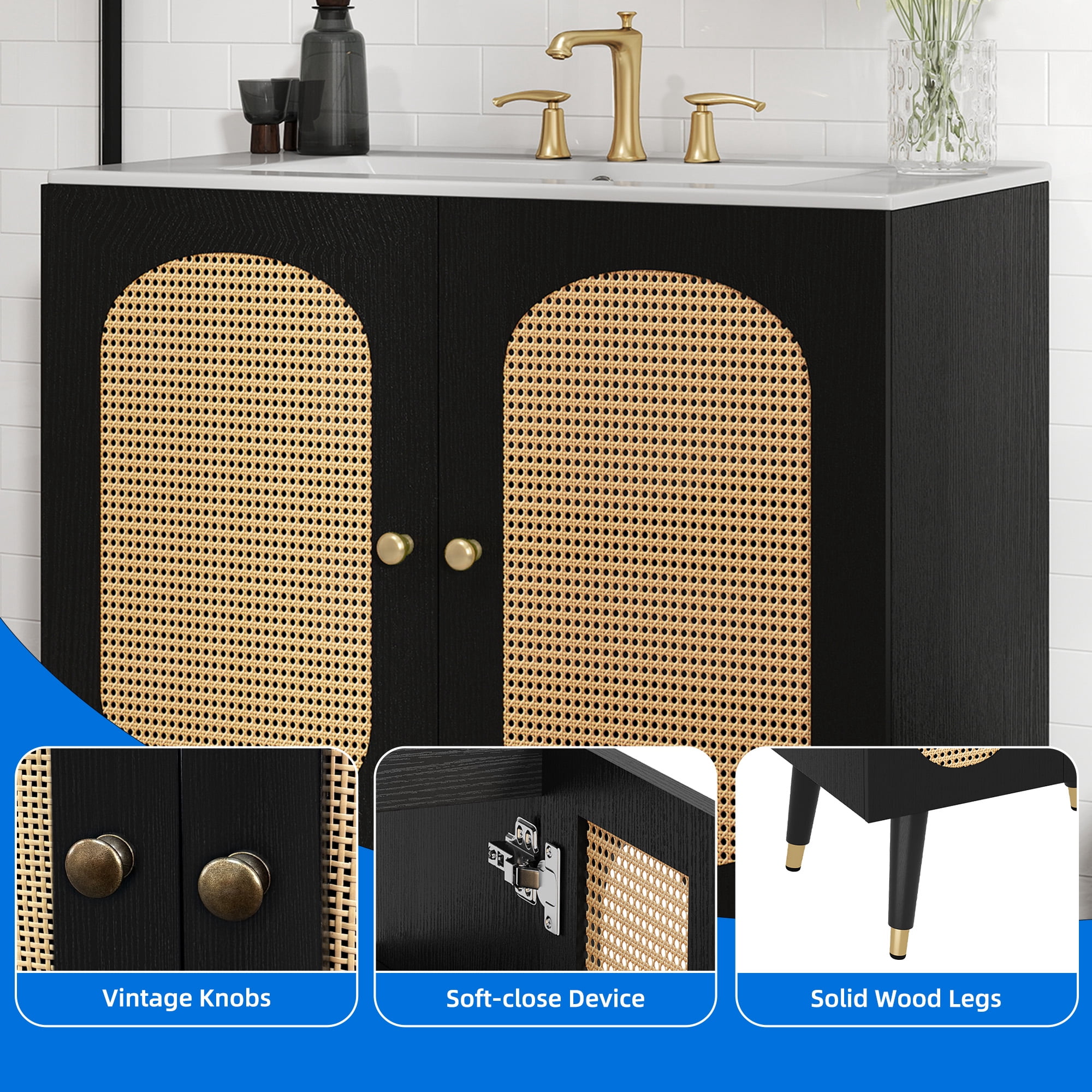 Uforic 36 Inch Mid-Century Rattan Bathroom Vanity, Freestanding Wooden Vanity Cabinet with Ceramic Sink for Home Bathroom, Black