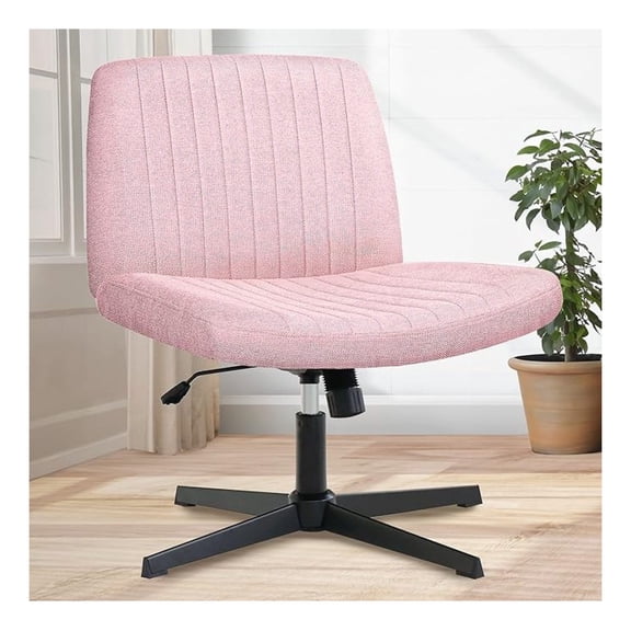 BOBOKY Criss Cross Chair No Wheel Wide Cross Legged Office Desk Vanity Chair Comfy Fabric Armless Adjustable Swivel for Home Computer Task (Pink)