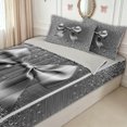 thumbnail image 3 of meiyoeat Fashion Princess Bow Diamond Zipper Twin Comforter Sets with Fitted Sheet and 2 Pillowcases for Men Women, Glitter Print Ribbon Zipper Bedding Set, Silver White, Grey Reversible, 4pcs, 3 of 6