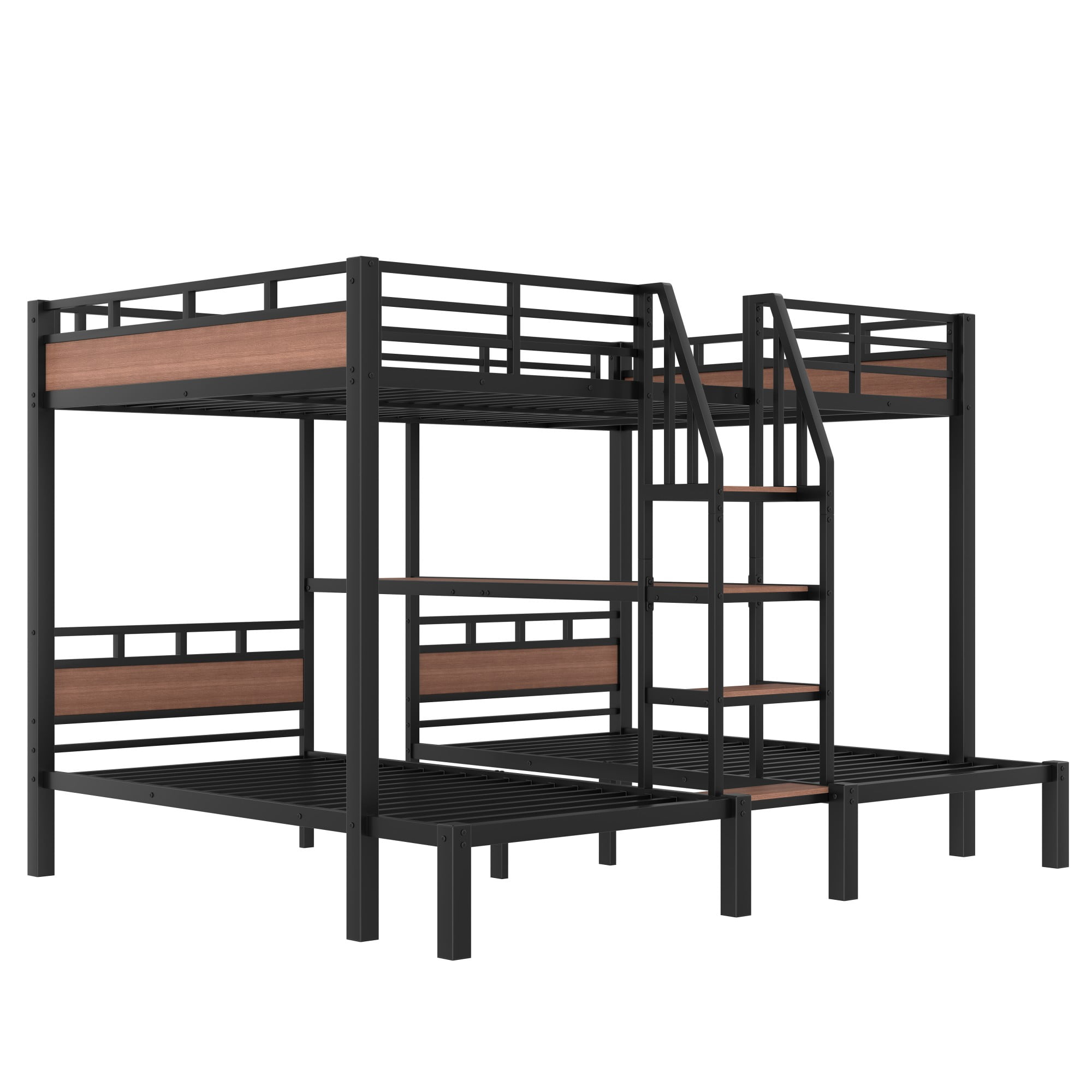 Aukfa Triple Bunk Bed with Storage Shelves & Stairs, Queen over Twin over Twin Metal Bunk Bed for 3, Space-Saving Heavy Duty Bed Frame, Black