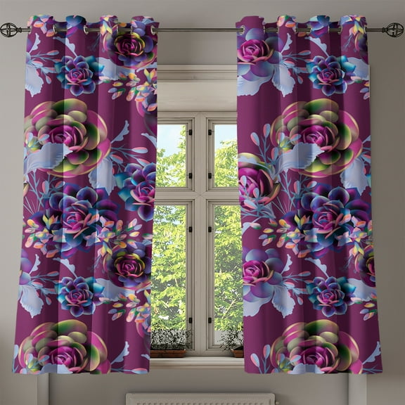 Ambesonne Cactus Flowers Grommet Curtain, Modern Desert Floral, 50"x60", Dark Magenta Ceil Blue