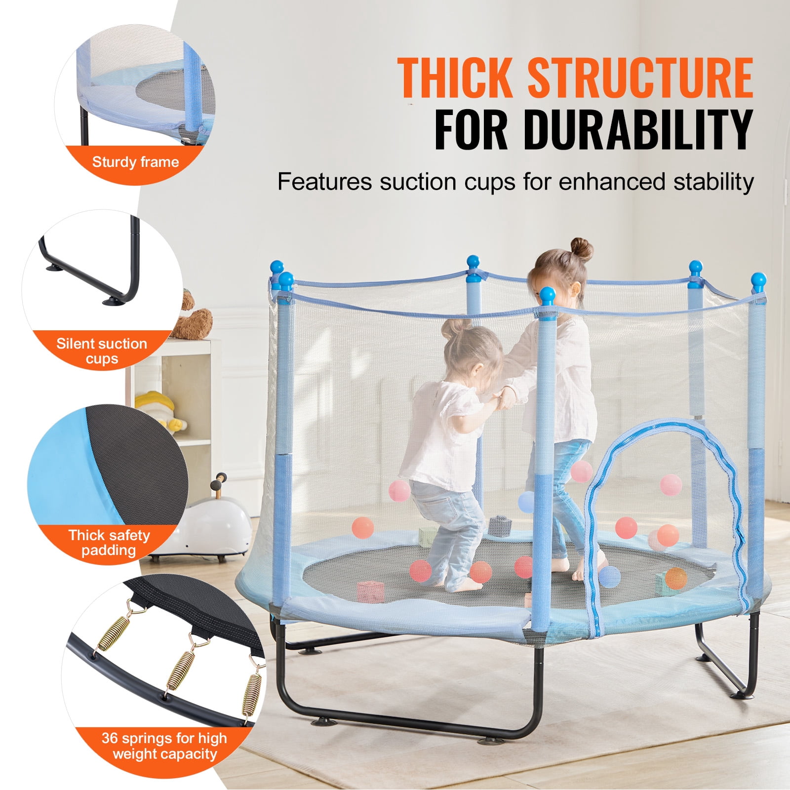 KFFKFF 60" Children's Trampoline, 5FT Trampoline for Indoor and Outdoor Use, Small Recreational Trampoline with Safety Net and Basketball Hoop, Ideal Birthday and Christmas Presents for Kids Aged 3